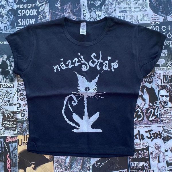 Punk y2k bébé tee tee à manches courtes top gothique tshirt féminin étoile chat imprimé noir émo emo rock filles 240417