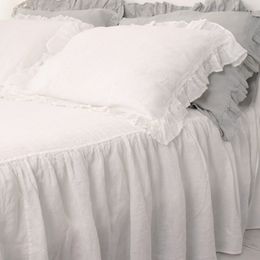 Sets de cama de lino 100% puro, falda de cama suave y fundas de almohada de volantes, set de cama reina y rey