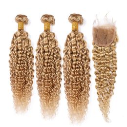 Pure 27 Miel Blonde Indien Cheveux Humains Tisse avec Fermeture 3 Bundles Crépus Bouclés Brun Clair Trames de Cheveux Vierges avec Fermeture À Lacets 4x4