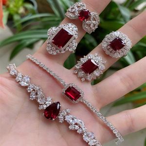 Conjunto de joyería para mujer de plata de ley 925 pura, piedras preciosas de rubí rojo, conjunto de joyería Natural, pulsera, anillo, pendientes, joyería de fiesta Set283x