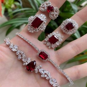 Puur 925 Sterling Zilveren Sieraden Set Voor Vrouwen Rode Ruby Edelsteen Natuurlijke Sieraden Set Armband Ring Oorbellen Partij Sieraden Set282e