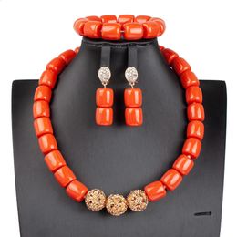 Pure African Bead Wedding Jewelry Set Imitation Coral Women Collier Anniversary Party Nigeria Bride Accessoires 240320