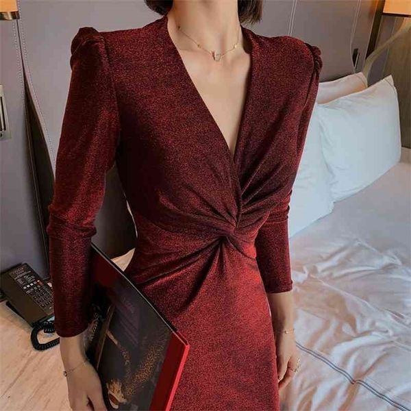Couleur pure automne et hiver mince tempérament français vin rouge robe en soie brillante Office Lady tricot coton 210416