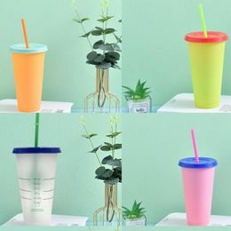 Plastic PP Tumbler Pure Kleur met Deksel Stro Cups Drinken Koffie Clear Herbruikbare Fluorescente Mok Home Outdoor Gadgets 5HB G2