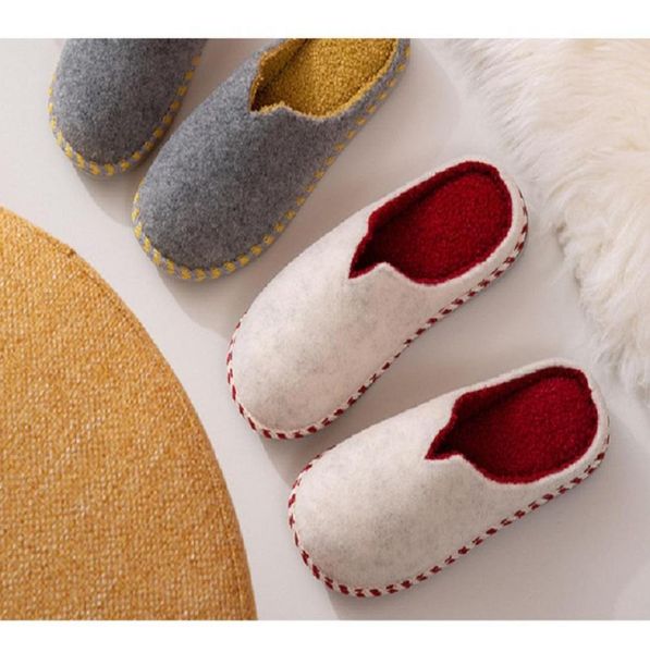 Color puro fieltro de invierno pareja zapatillas de algodón pareja en el hogar zapatos casuales calientes lujosas de lujo transpirable damas de interior zapatillas 9334148