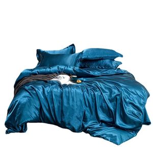 Ropa de cama, sábana, funda de cama y funda de almohada de seda de imitación de color puro, 4 juegos