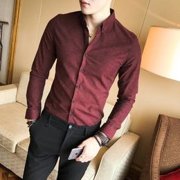 Couleur pure coréenne mince de chemise d'affaires Men039S Longsledled non iron Trendy Handsome Casual Men039s Wine Red Shirt3101693