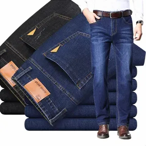 Jeans droits de couleur pure noir / bleu hommes petits pantalons élastiques décontractés Lg taille 28-40 F1eZ #