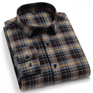 Camisas cálidas informales a cuadros de algodón puro para hombre, tela cepillada de manga larga, suave, cómoda, ajuste regular, camisas masculinas LJ200925