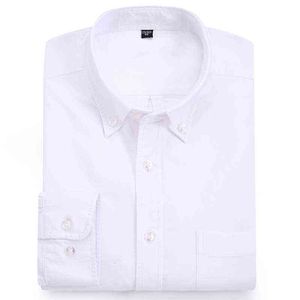 Pure katoen Oxford Heren Shirt Casual Solid Long Mouw Business Men Dress Shirts Leisure met Front Pocket Regular Fit White Top G0105