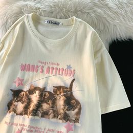Pure Cotton Summer 2023 Lindo gato Camiseta de manga corta Hembra japonesa Retro Retro Sweet Medio Estudiante Top Ins Y2K THISH 240329
