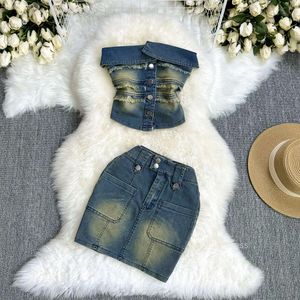 Pure Desire Spicy Girl Style Denim Set met ruw randontwerp strapless vest+hoge taille afslanke wrap heup korte rok