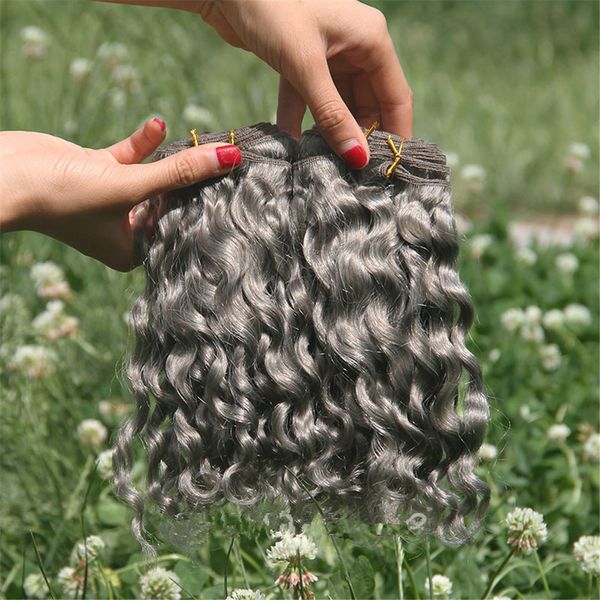 Extensiones de cabello rizado de onda profunda gris puro 3 paquetes Astilla gris Cabello peruano de la Virgen humana Tramas Paquetes de onda profunda gris Ofertas para la venta