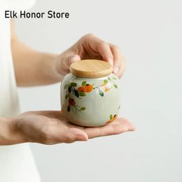 Pot de feuilles de caddie à thé en céramique kaki peint à la main pur, mini-stockage scellé résistant à l'humidité, petite boîte à thé portable, réservoir organisateur 240119