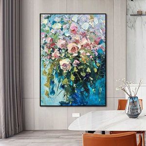 Pintura al óleo hecha a mano pura, peonías abstractas modernas, flores florecientes, decoración de fondo de sala de estar, restaurante, Mural sin marco L230620