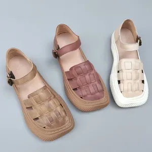 Chaussures faites à la main pures sandales tissées plate-forme chaussures plates pour femmes en cuir lâche simple fil vintage doux antidérapant couture 35-41