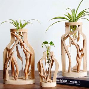 Pure handgemaakte houten pastorale micro -landschap creatief vast hout glas bloem hydroponic container home decoratie vaas 220727