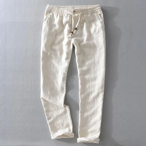 Men de lino puro pantalones casuales blancos sólidos rectos rectos transpirables cómodos pantalones de longitud completa