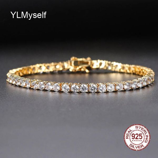 Pure Real Silver 15-21CM Pulsera de tenis Joyería Pave m / 4mm Sparkly CZ Placa de oro Regalo eterno para esposa Impresionante joyería 925 240118