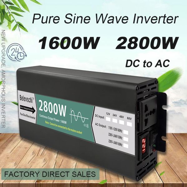 Onduleur d'onde sinusoïdale pure 12V 24V 48V 60V DC à AC 220V 800W 1600W 2800W Convertisseur de tension Convertisseur de fréquence de véhicule portable