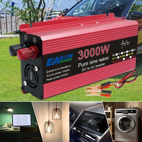 Pure Sine Wave Inverter 3000W 2200W 1600W 1000W Voltaje DC 12V 24V a AC 110V 220V Transformador Convertidor de energía solar inversor solar