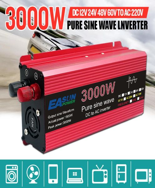 Inverter de onda sinusoidal pura 3000W 2200W 1600W 1000W Voltaje DC 12V 24V a AC 110V 220V Transformador Convertidor de potencia Solar Inverter1914732