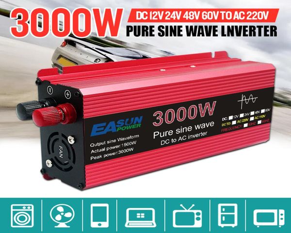 Onduleur à onde sinusoïdale Pure 3000W 2200W 1600W 1000W, transformateur de tension DC 12V 24V à AC 110V 220V, convertisseur de puissance, onduleur solaire 2509807