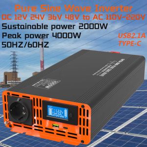 Onduleur solaire à onde sinusoïdale Pure, convertisseur de tension 2000W, puissance de crête 4000W, DC12V 24V 36V 48V à AC 110V 220V, USB TYPE-C