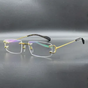 Monturas de gafas de sol de moda lunette de titanio puro para hombres y mujeres, montura sin montura para hombre, gafas de reintento de diseñador de lujo, gafas de sol unisex doradas, venta caliente con estuche