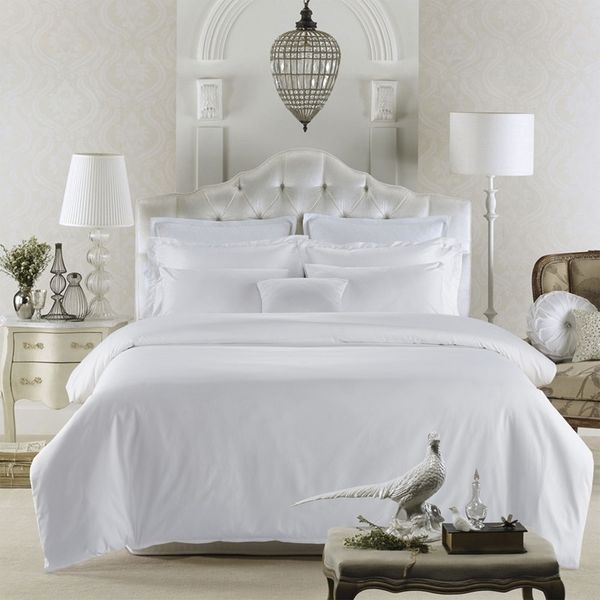 Juego de cama de lujo de hotel de 5 estrellas blanco puro 60S Juego de sábanas de seda de algodón egipcio suave tamaño king queen funda nórdica Funda de almohada T200706