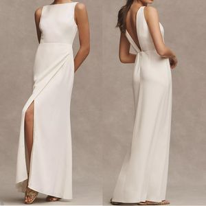 Pure witte kolom prom jurken juweel mouwloze vloerlengte sexy backless moderne front split celebrity avondjurken plus maat op maat gemaakte b5004