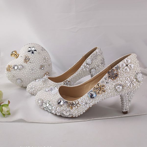 Zapatos de vestir de novia de perla blanca pura con bolso de 6 cm Madre de la madre de la novia con las bombas de fiesta de fiesta de bolsas a juego