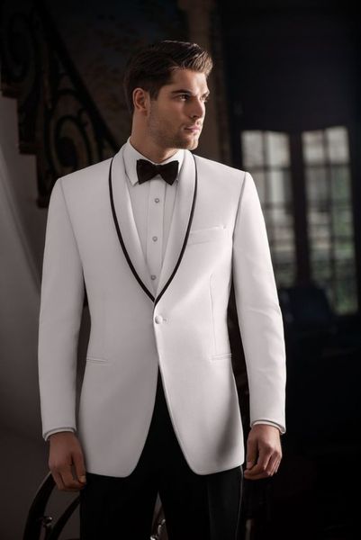 Reinweißer Bräutigam-Hochzeitsanzug mit Schalkragen, zweiteilig, zweiteilig (weißer Blazer + schwarze Hose), bestes Herrenbekleidungsset zum Verkauf