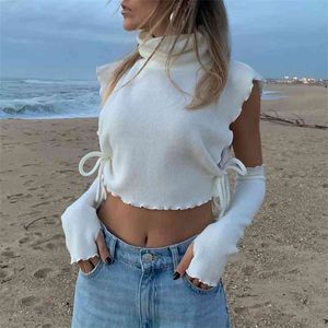 Pure White Turtleneck Side Stringy Selvedge Hollow Out Lace Up Tops con mangas Ladies Streetwear Jersey Patchwork Crop Top 210517