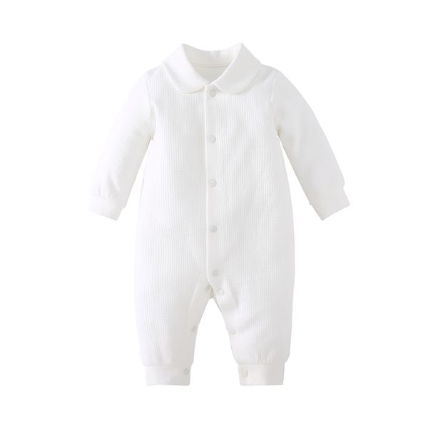 Pureborn Born Combinaison Solide Basic Unisexe Bébé Barboteuse Col Peter-pan Jacquard Coton Blanc Baptême Vêtements 210816