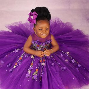 Robes de soirée violettes pour 1er anniversaire, robes de demoiselle d'honneur, col transparent, en Tulle à plusieurs niveaux, perles, robe de demoiselle d'honneur, robes de mariage princesse reine pour petits enfants NF040