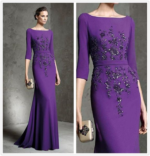 Purple 2019 Nueva madre de los vestidos de novia con lentejuelas con cuentas Appliqued 3/4 vestidos de noche de manga larga más tamaño vestido de boda invitado