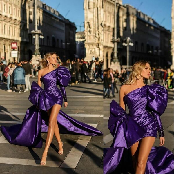 Púrpura 2021 Vestidos de fiesta cortos con tren desmontable Vestidos de noche largos de un hombro con vestidos de desfile con lazo y brillo para niñas Cock317b