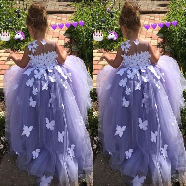 Vestido de fiesta morado de 7 años Vestidos de niña de flores Tul Apliques florales en 3D Vestidos de desfile Mariposa Comunión Disfraces Disfraces251z