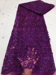 Tela de encaje de malla africana púrpura con lentejuelas de tela de encaje de seda nigeriana tela de encaje francés para fiesta de bodas kdp20112a