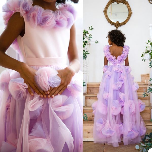 Vestido de niña de las flores púrpura y rosa Hecho a mano Floral Personalizar Vestidos de cumpleaños Joya Cuello Boda Vestidos de primera comunión