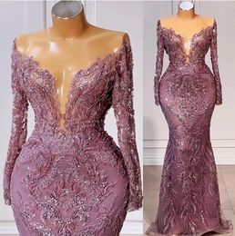 Purple Arabic Aso Ebi Mermaid Prom Dresses 2023 Lace Beaded Long Sleeve Plus Size Evening Second Reception Birthday Engagement gown