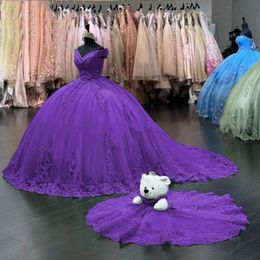Purple Ball Jurk Princess Quinceanera Dresses Lace Appliques Off Shoulder Lace-Up Corset Sweet 16 Dress Prom Vestidos XV Anos