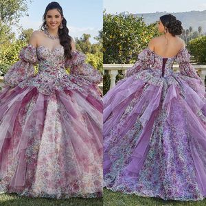 Robe de bal violette Quinceanera, avec des Appliques de fleurs en dentelle, robes de bal scintillantes, robe de fête d'anniversaire pour filles de 15 à 16 ans