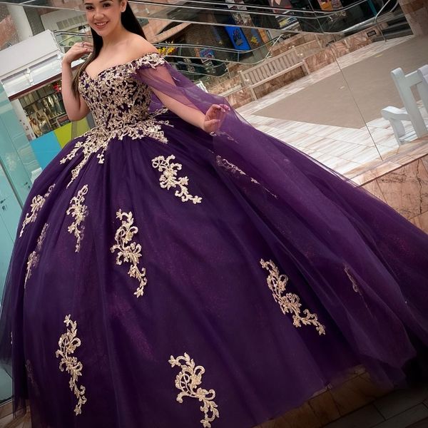 Vestido De fiesta morado, Vestidos De quinceañera sexys con hombros descubiertos, Apliques De encaje y cuentas con capa, vestido dulce 16, Vestidos De 15