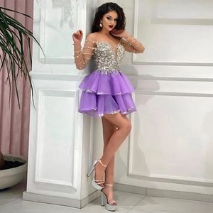 Vestidos de graduación de Organza de manga larga con cuello en V y cristales de cuentas moradas, vestidos de fiesta de cola corta elegantes y sexis 328 328