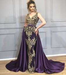 Robes de soirée arabes sirène perlée violet col en V avec train détachable dentelle appliques robes de bal balayage train robe de soirée en satin