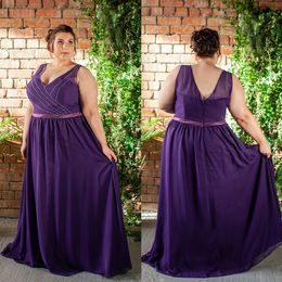 Robes de mère de la mariée perlées violettes col en V une ligne robes de soirée longueur de plancher en mousseline de soie robe d'invité de mariage