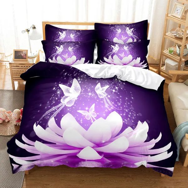Juego de cama púrpura flores de la cubierta nórdica cubierta de edredón de poliéster