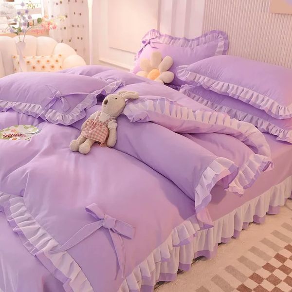 Ensembles de literie violette kawaii seersucker feuille d'oreiller de la taie d'oreiller de mode fille princesse couverture de couette 4 pièces décoration de maison mignonne 240426